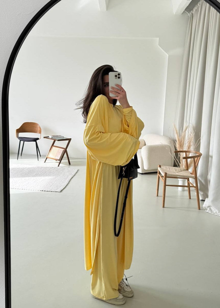 Three Piece Jersey Lounge Set Yellow Soft Texture