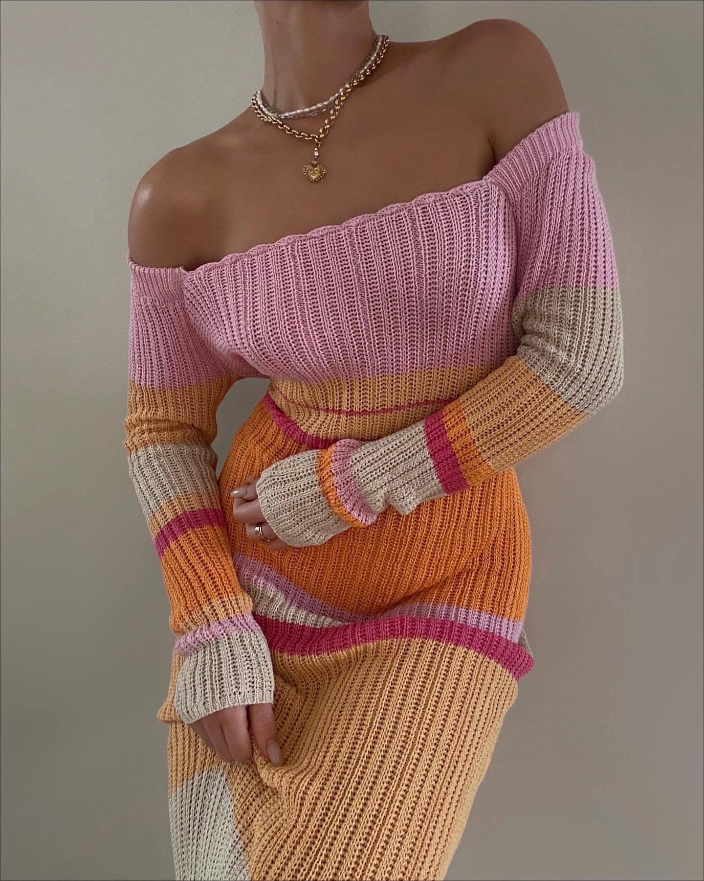 Mid-Length Skirt Women Colorful Contrast Color U-Neck Sexy Hollow Long-Sleeved Knitted Dress Women