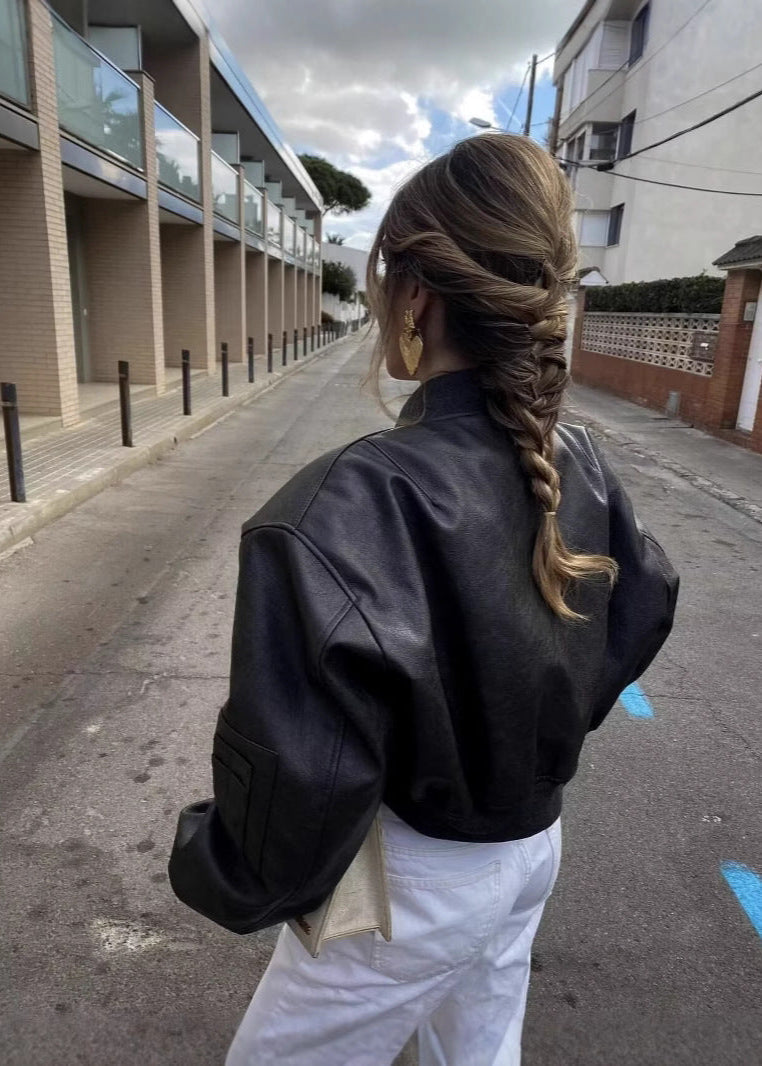 Cropped Faux Leather Bomber Jacket Black