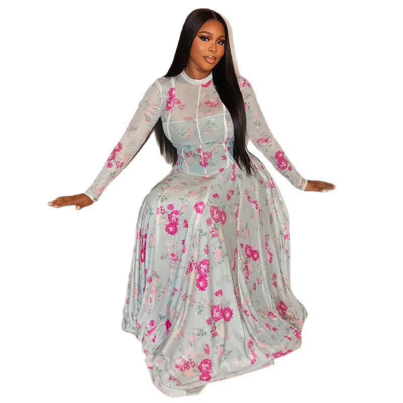 Floral Print A-Line Dress With Long Sleeves