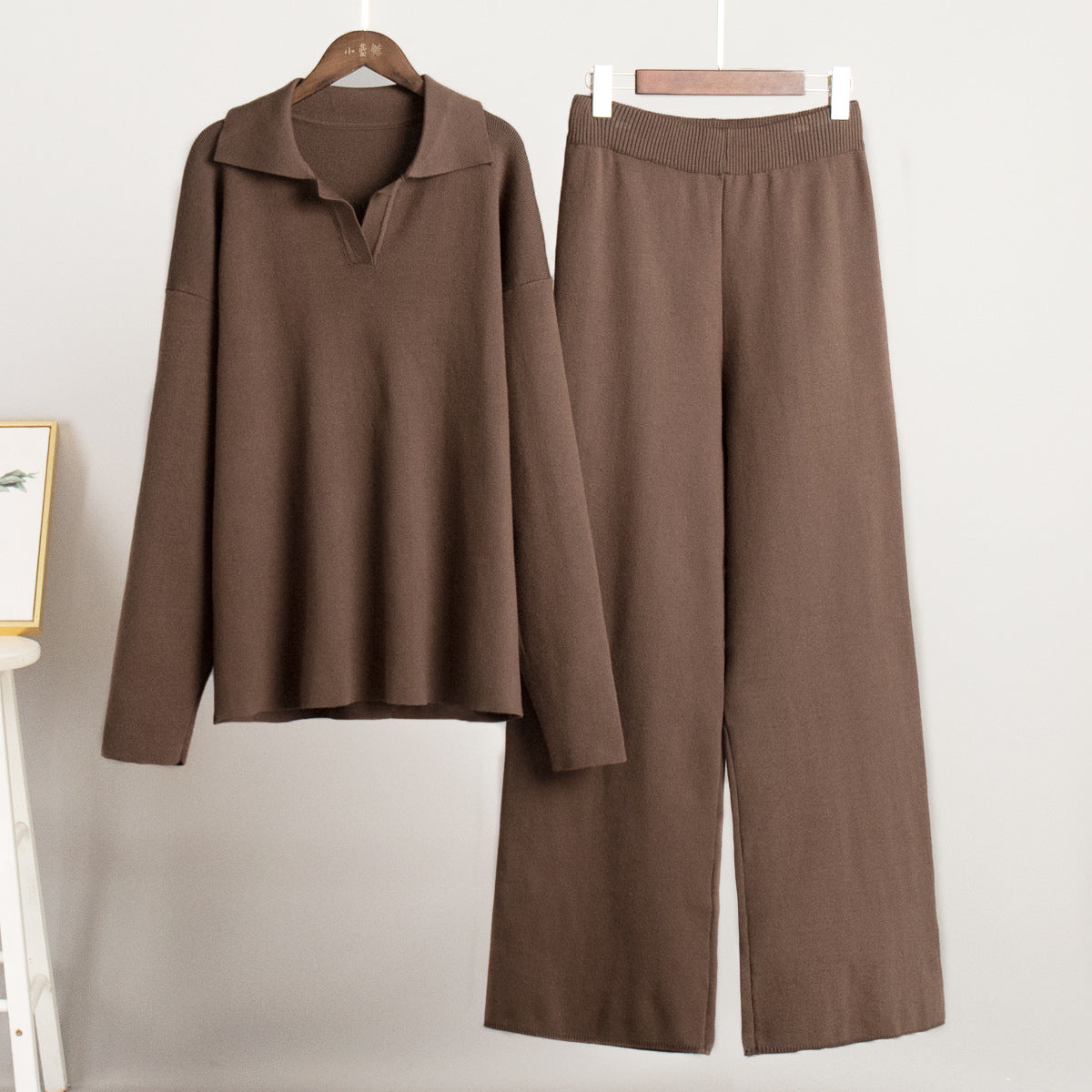 Knitted Two-Piece Set Polo Neck Sweater and Wide Leg Pants