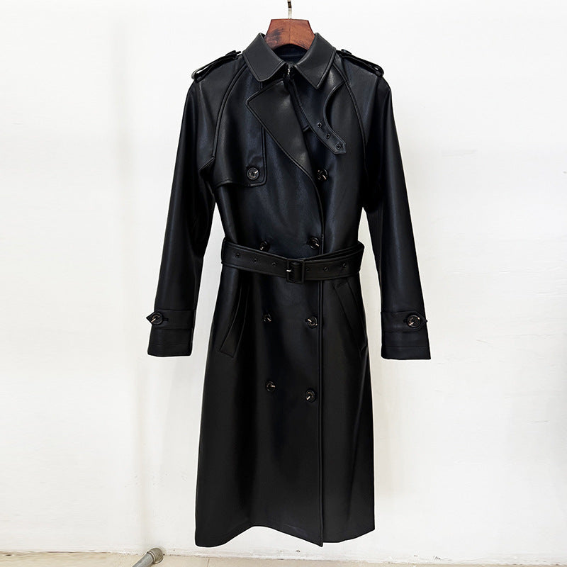 Double-Breasted Belted Faux Leather Trench Coat