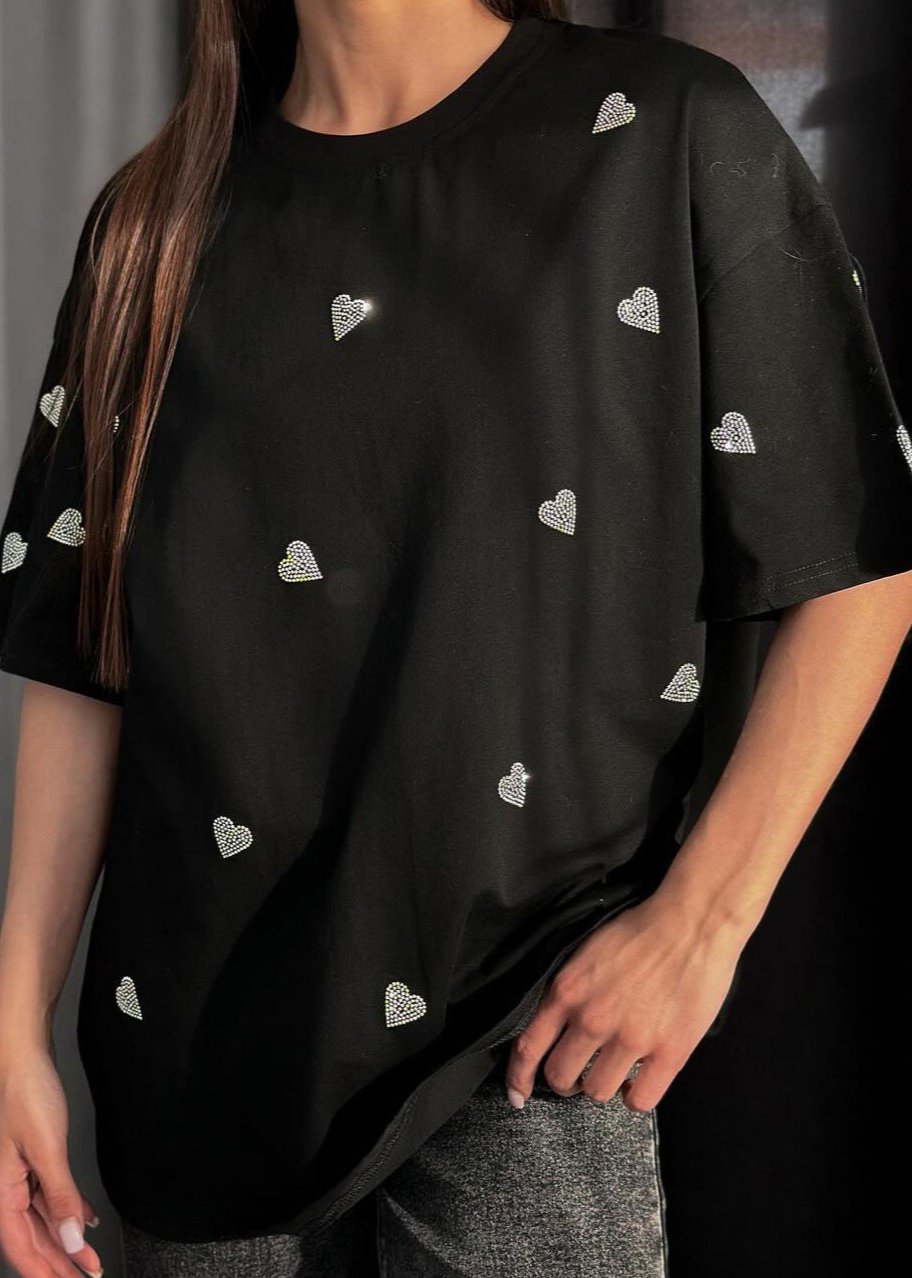 Oversized Black Cotton T Shirt With Sparkling Hearts
