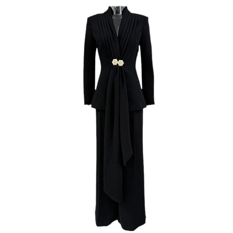 Stylish Pleated Collar Blazer And Straight Leg Pants Set