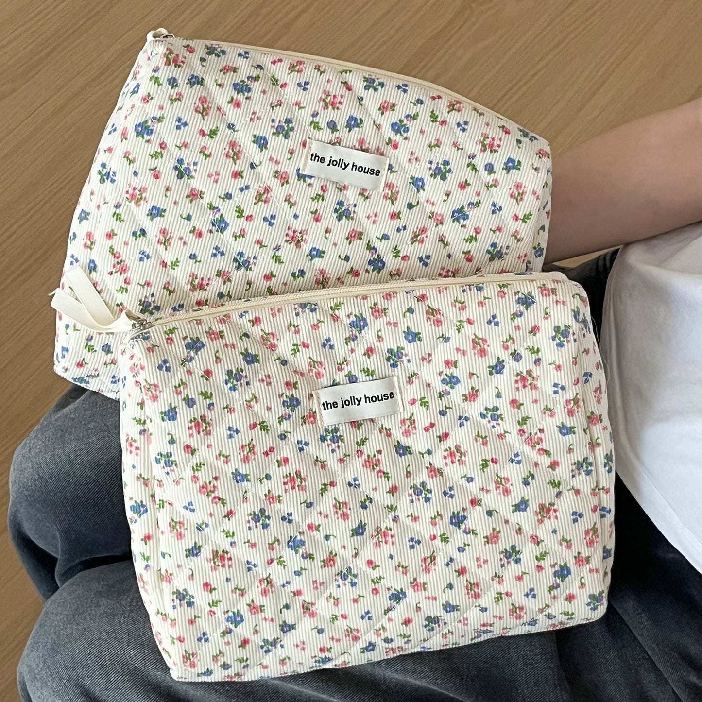 Corduroy Flower Print Sweet Make Up Bag