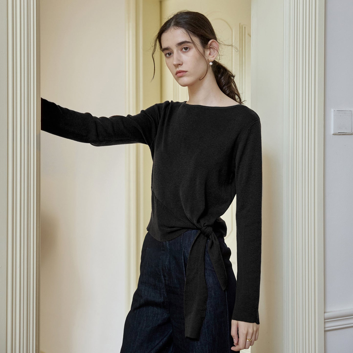 Asymmetrical Waist Tie Knit Top Elegant Casual Long Sleeve