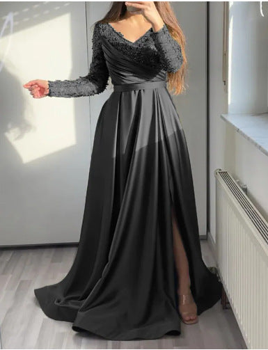 Lace A-Line Long Dress In Black And Dark Green