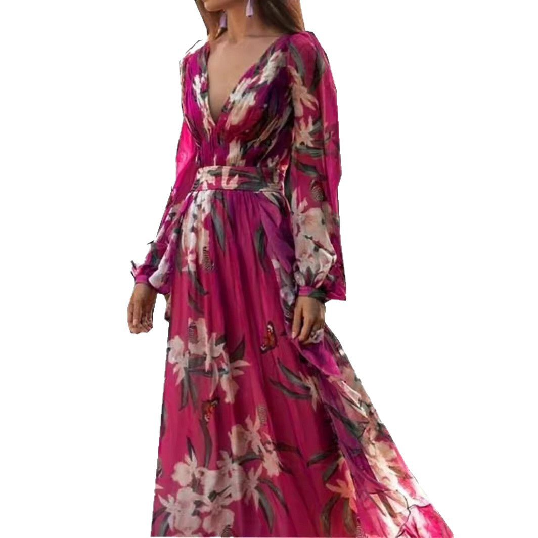 Fashion V-Neck Long Sleeve Maxi Dress With Floral Print