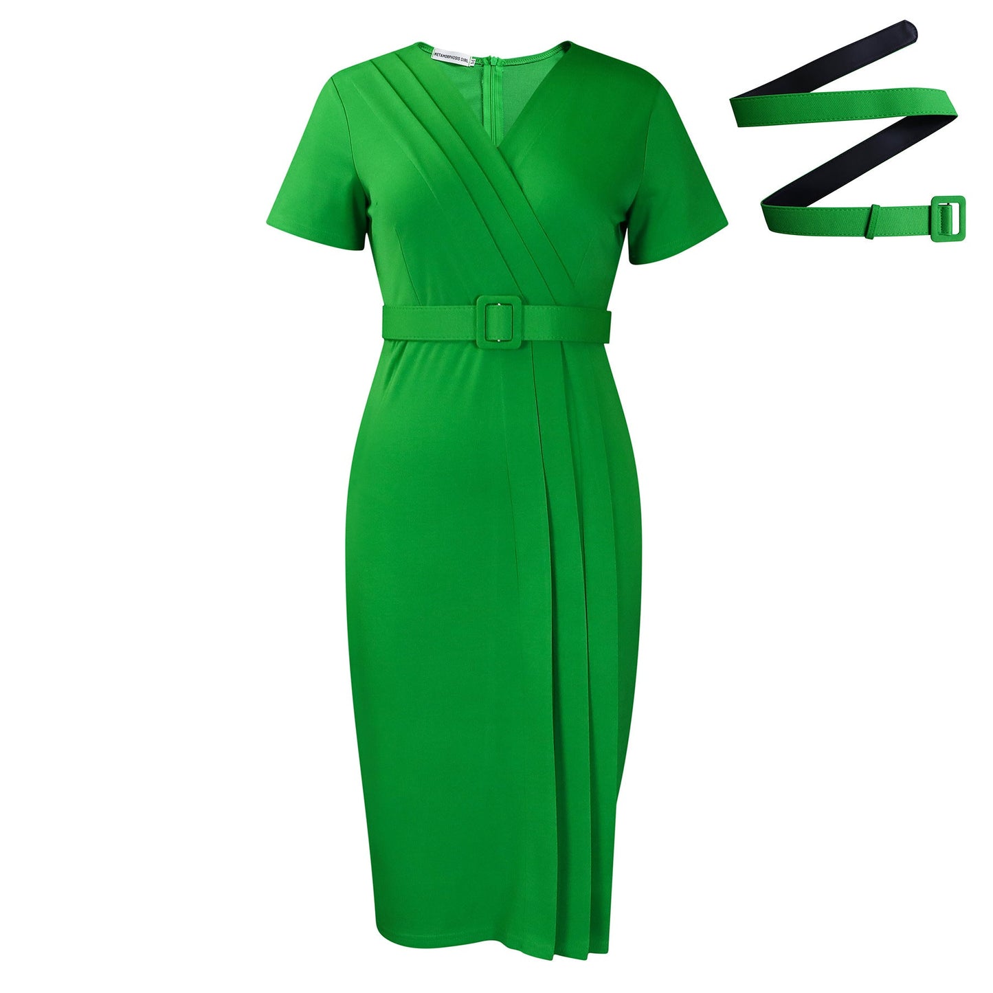 Elegant V-Neck Midi Pencil Dress With Belt