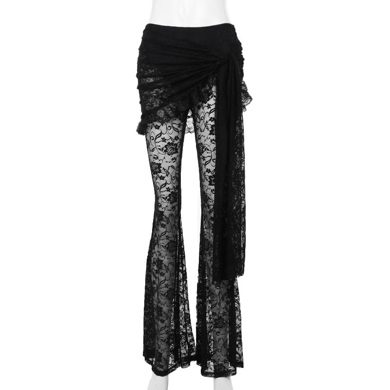 Dark Velvet Crop Top And Asymmetrical Lace Flare Pants Set