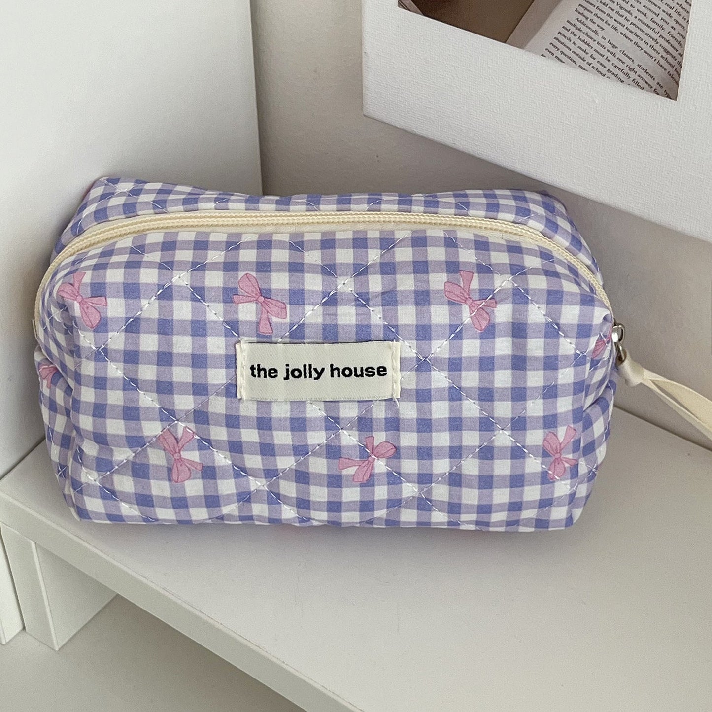 Large Capacity Plaid Bow Cosmetic Bag Retro Style