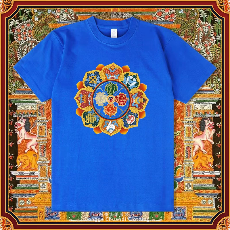 Diamond Pestle Babao New Printed Pure Cotton Mantra Wheel T-Shirt Top, Buddhist Men'S And Women'S High-End Clothing