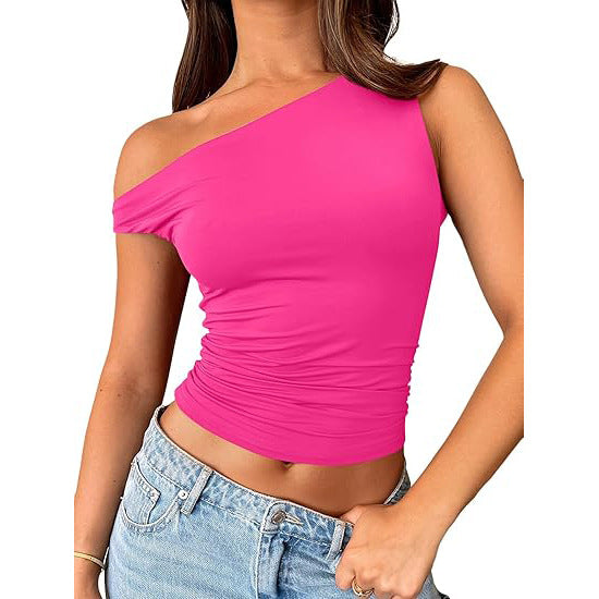 One Shoulder Solid Colot Short Top