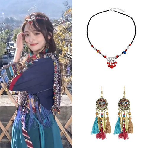 Ethnic Style Tibetan Headwear, Forehead Chain, Turquoise Tassel, Earrings, Hair Accessories