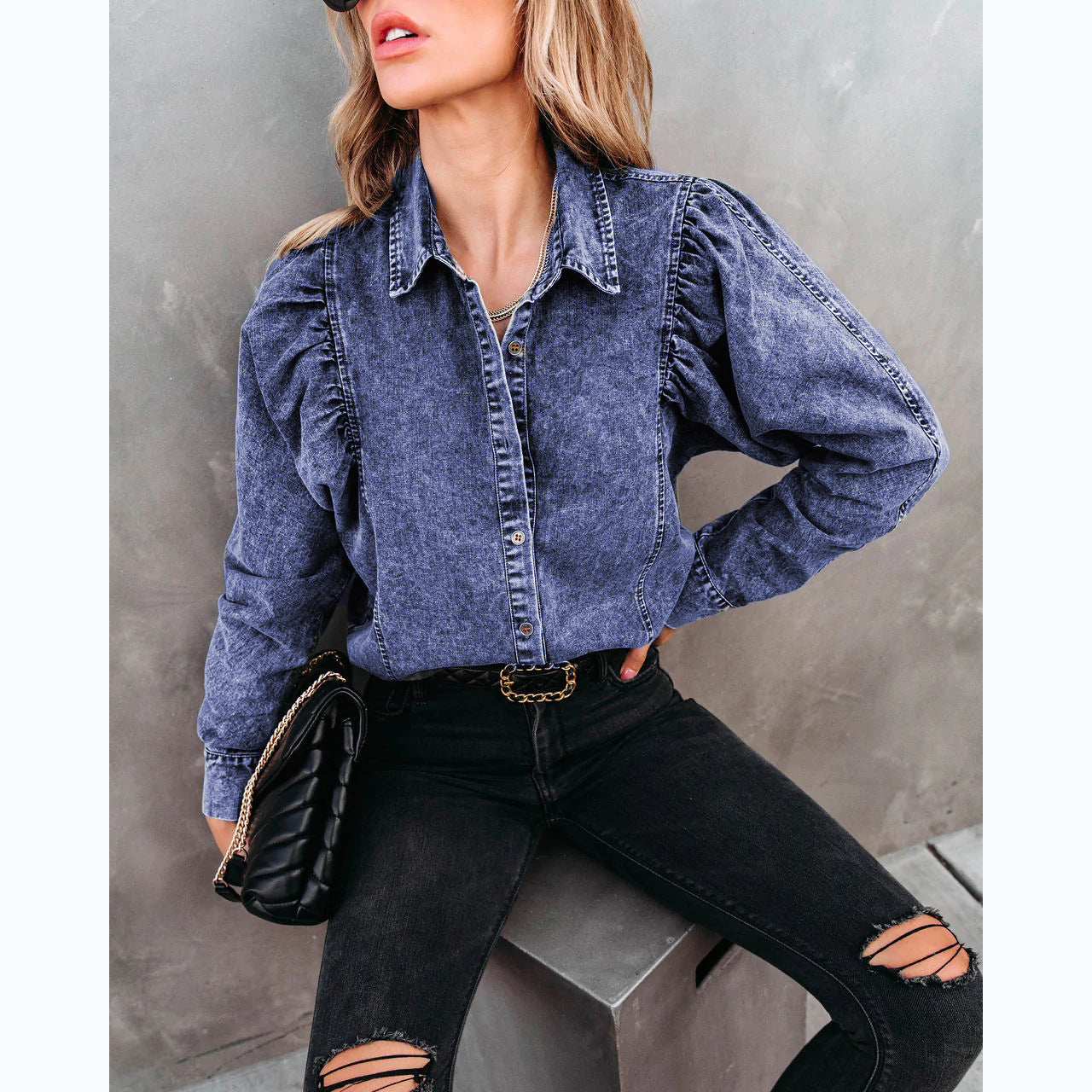 Trendy Casual Denim Shirt with Lapel for Women