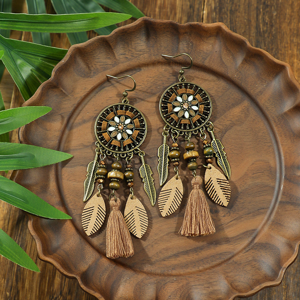 Bohemian Tassel Earrings Geometric Wood Beads Handmade Jewelry