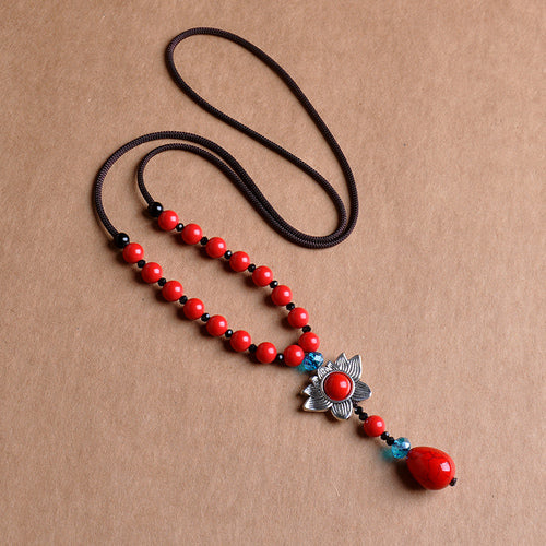Retro Lotus Pendant Vermilion Decoration Necklace Simple Accessories Pendant Clothes Pendant National Style Sweater Chain