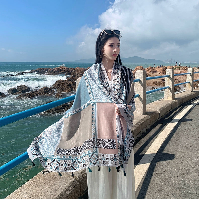 Fresh Green Ethnic Style Silk Scarf Women'S Summer Sunscreen Dual-Purpose Large Shawl Beach Towel Thin Cotton And Linen Scarf Yarn