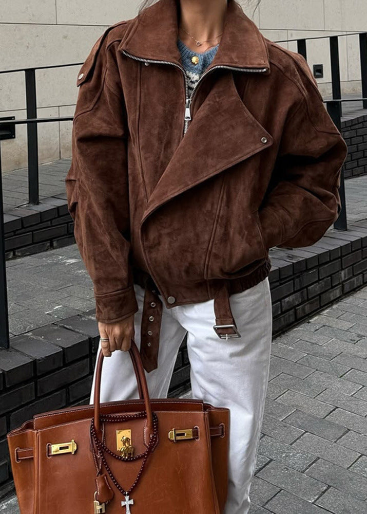 Suede Leather Moto Bomber Jacket Brown