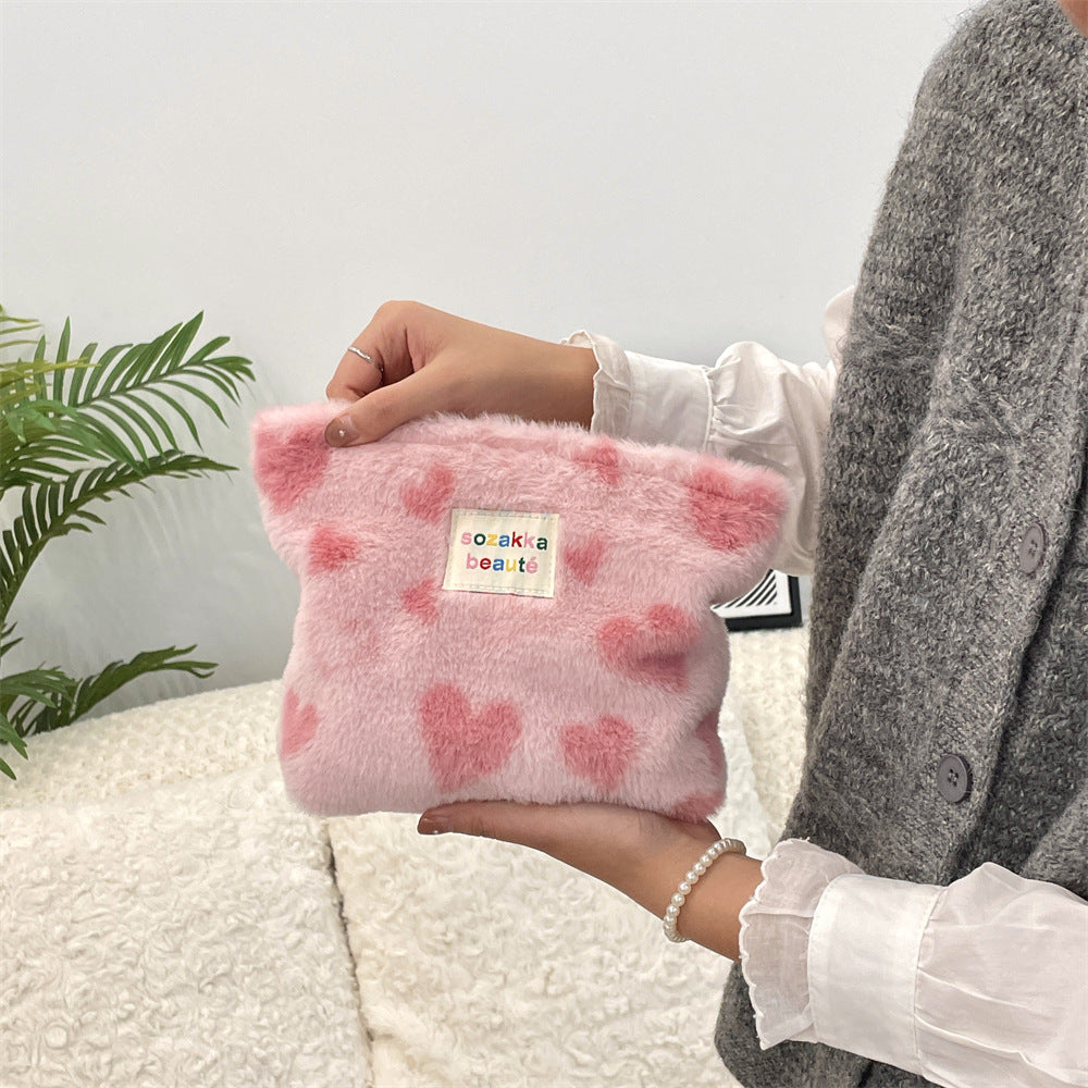 Polka Dot Plushed Large Capacity Make Up Bag
