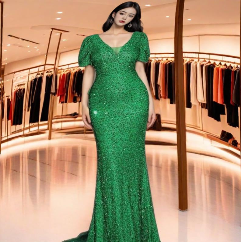 Fashionable V Neck Sequin Bodycon Evening Dress