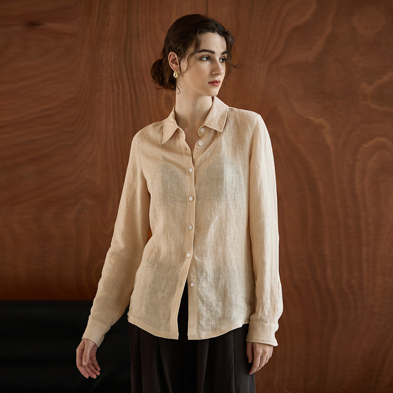 Relaxed Fit Solid Color Linen Shirt For Women