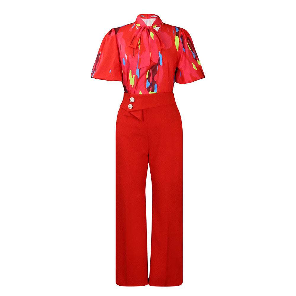 Floral Print Long Sleeve Collared Shirt And Wide Leg Pants Set
