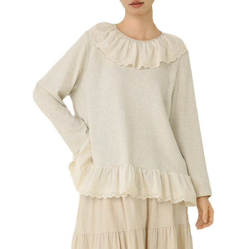 Embroidered Lace Trim Knit Sweater Casual Loose Top