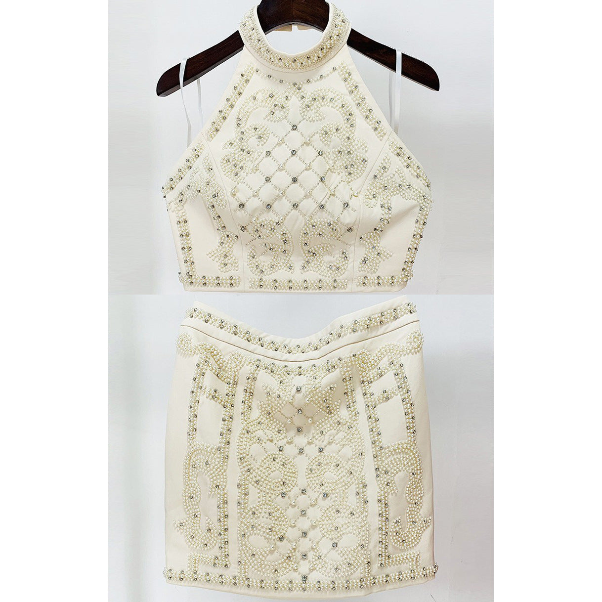 Beaded Sequin Halter Top Skirt Set Stylish Casual Outfits