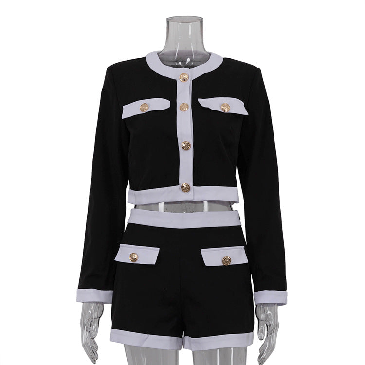 Modern Black And White Color Block Twill Set For Women