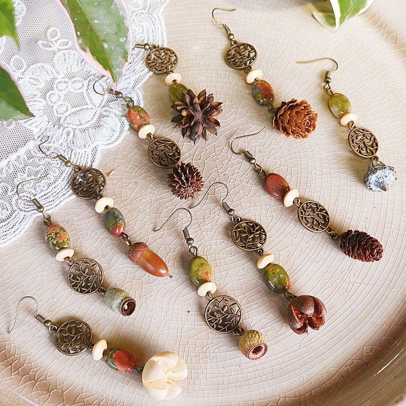 Vintage Leaf Design Handmade Earrings with Natural Green Stone