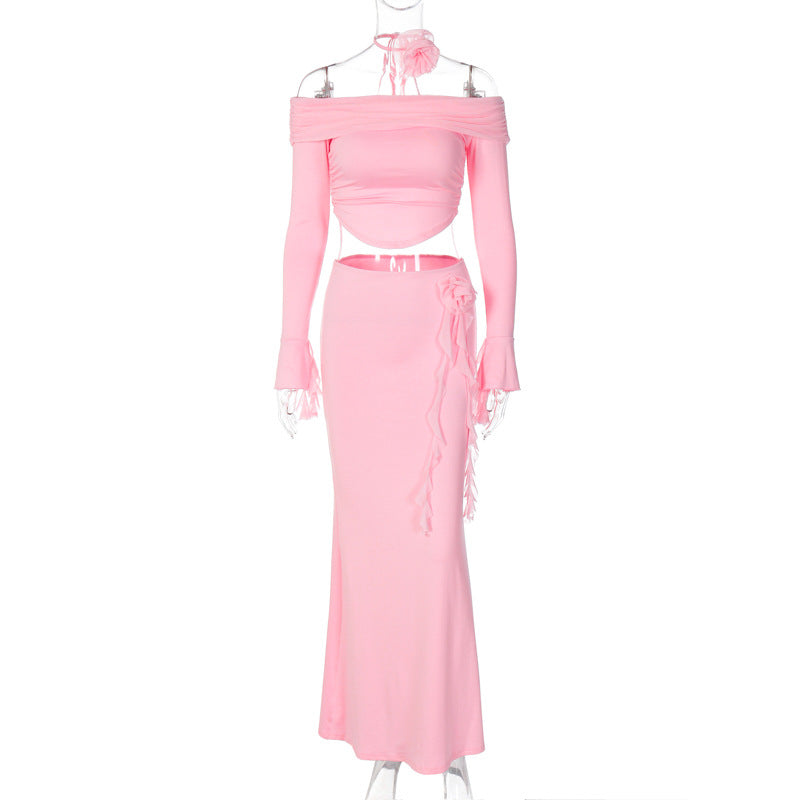 Elegant Fitted Off-Shoulder Long Sleeve Top and Skirt Set