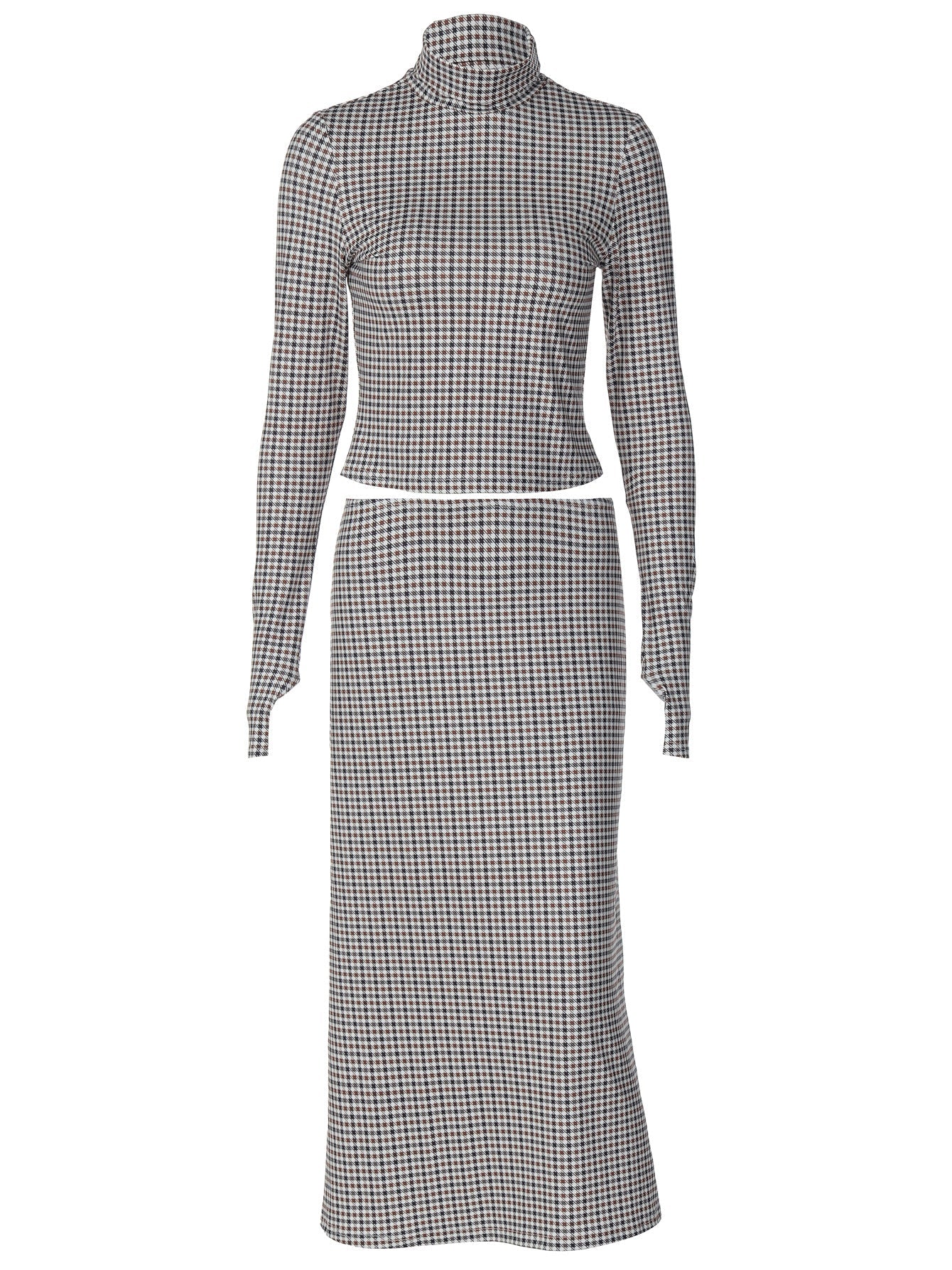 Fashionable Plaid Print Long Sleeve Stand Collar Top and Bodycon Midi Skirt Set