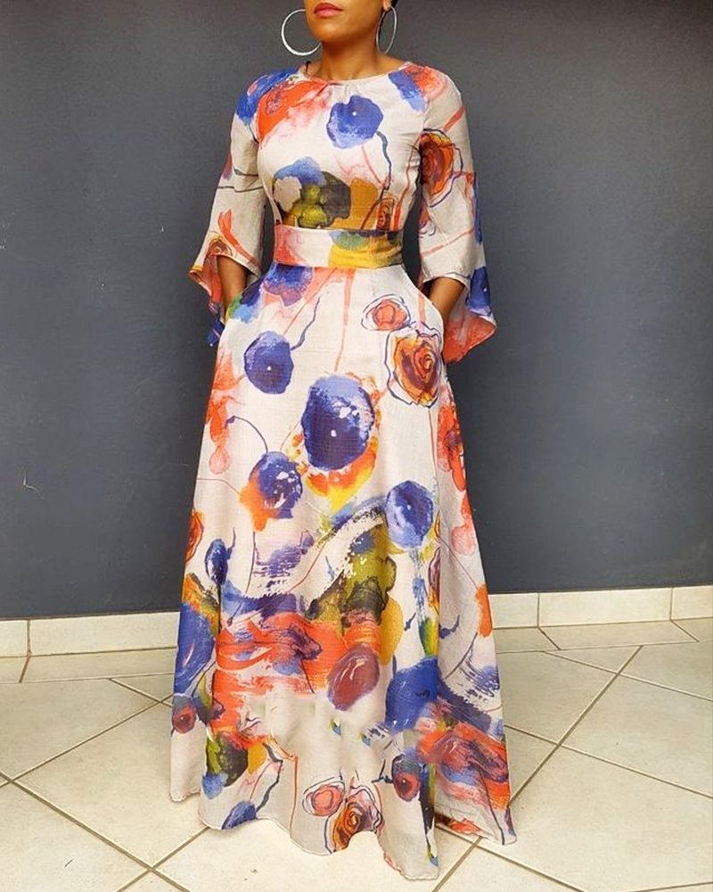Mid-Waist Temperament Commuter Plus Size Women'S Blue Temperament Print Waist Pullover Dress