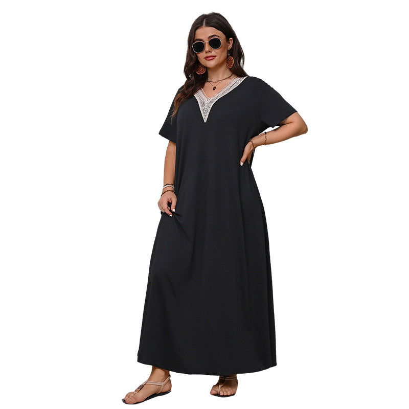 Plus Size V-Neck A-Line Dress Elegant Casual Black Dress