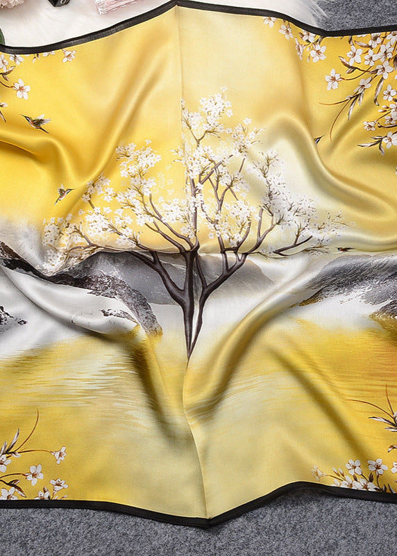 Scenic Floral Silk Scarf Yellow Square Satin