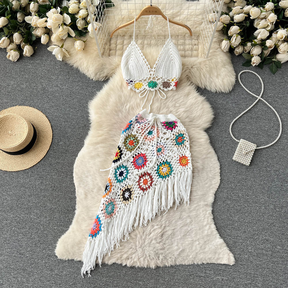 Bohemian Style Knitted Hollow Crochet Top and Skirt Set