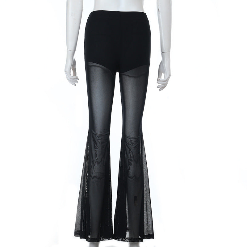 Gothic Sheer Panel Flared Pants Set with Cross Hollow Out Tank