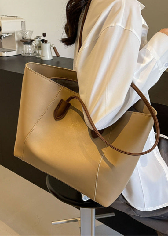 Two Tone PU Leather Tote Bag With Long Straps