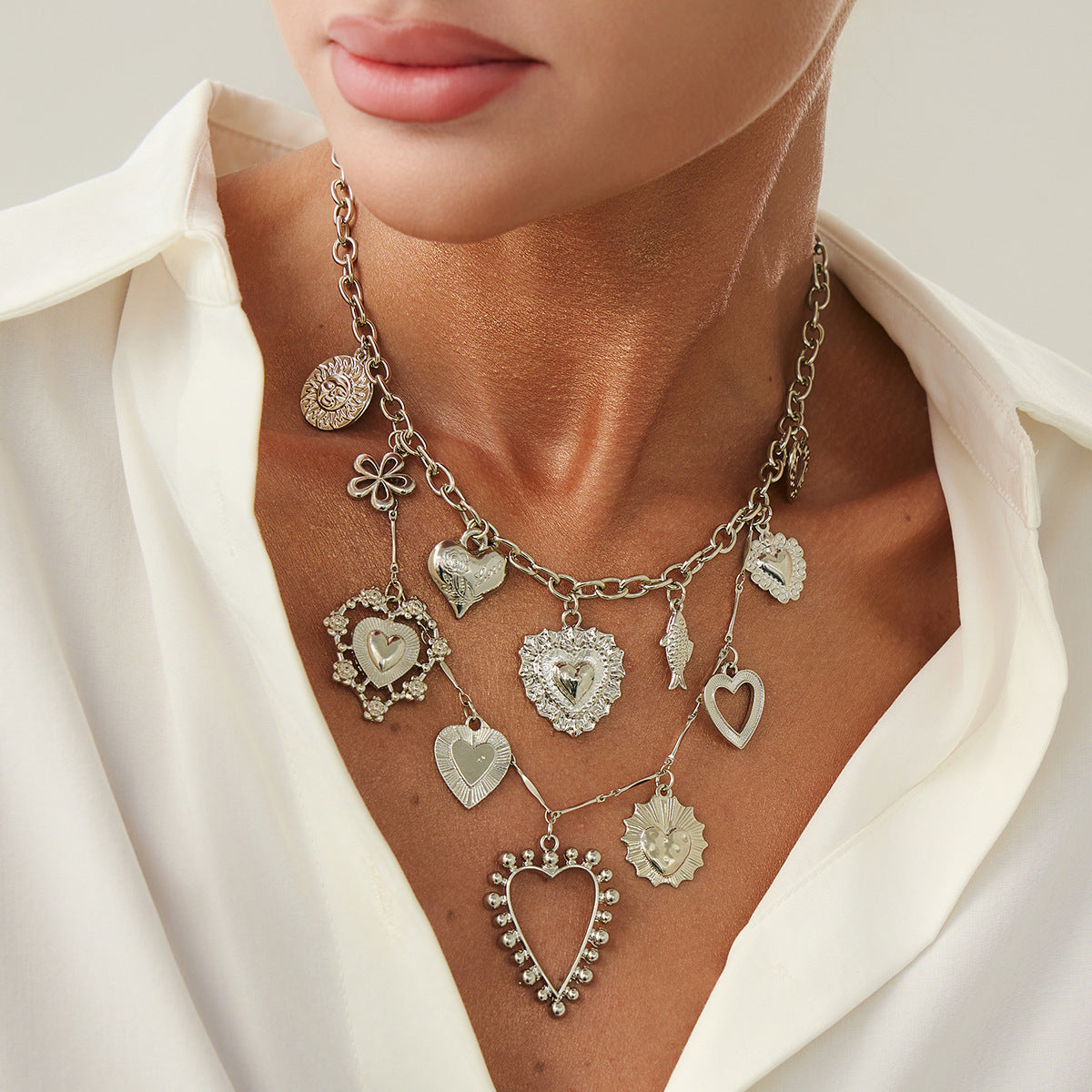 Heart-Shaped Metal Lava Pendant Necklace Trendy Sweet Style
