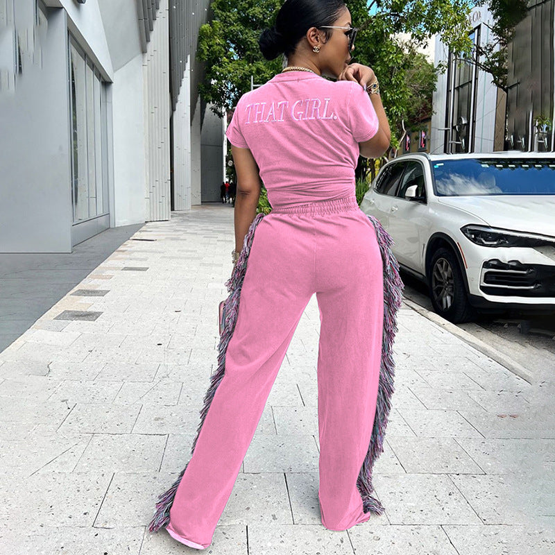 Embroidered Casual T-Shirt And Pants Set With Fringes