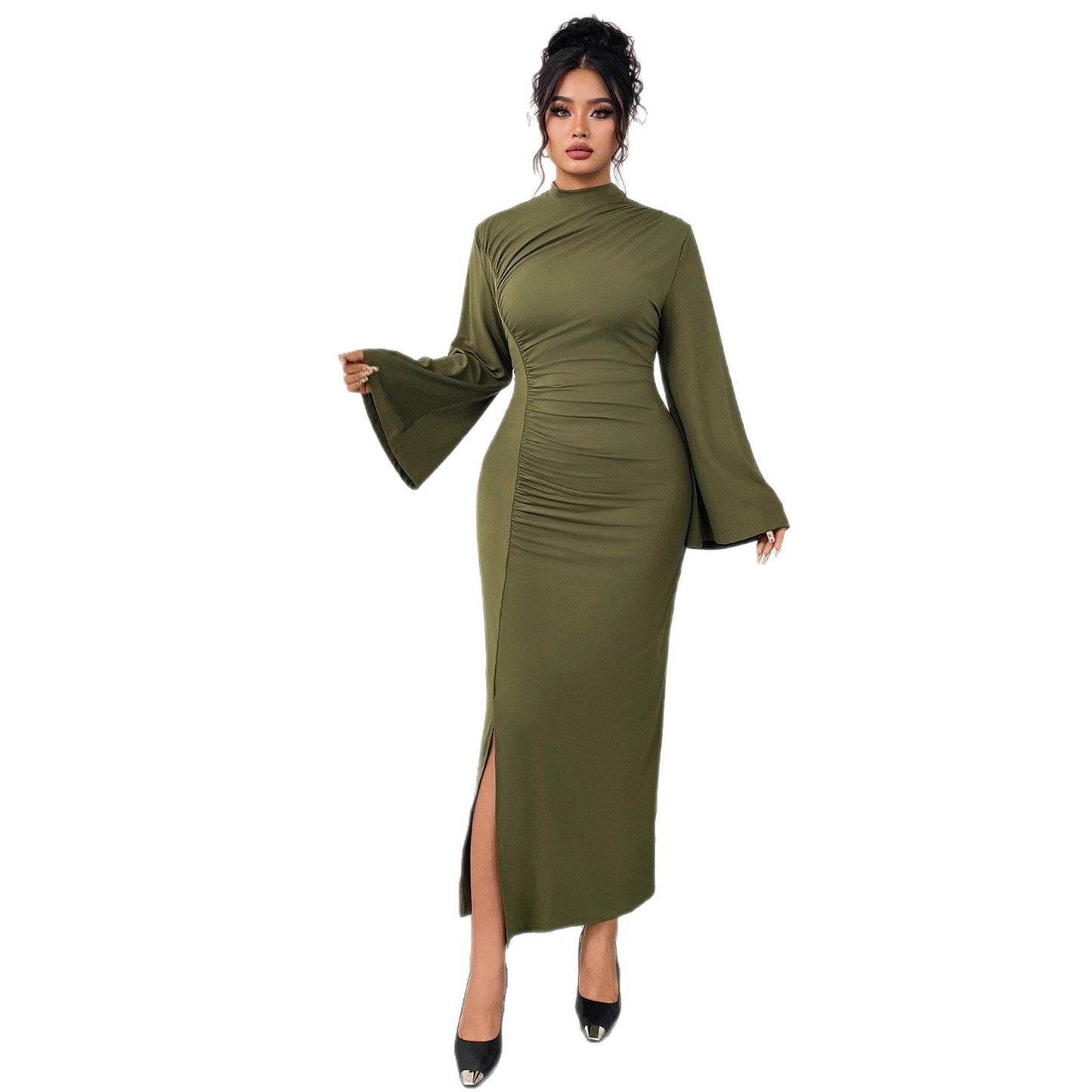 High Waist Solid Color Bodycon Dress With Ruffle Sleeves