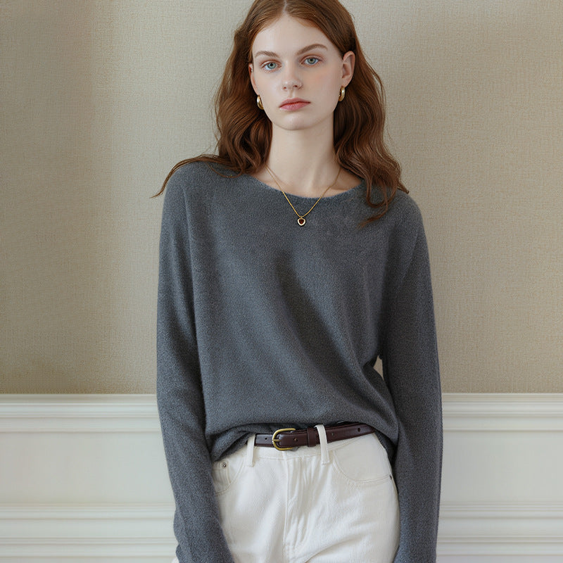 Elegant Cashmere Blend Sweater Soft Knit Round Neck Casual Long Sleeve