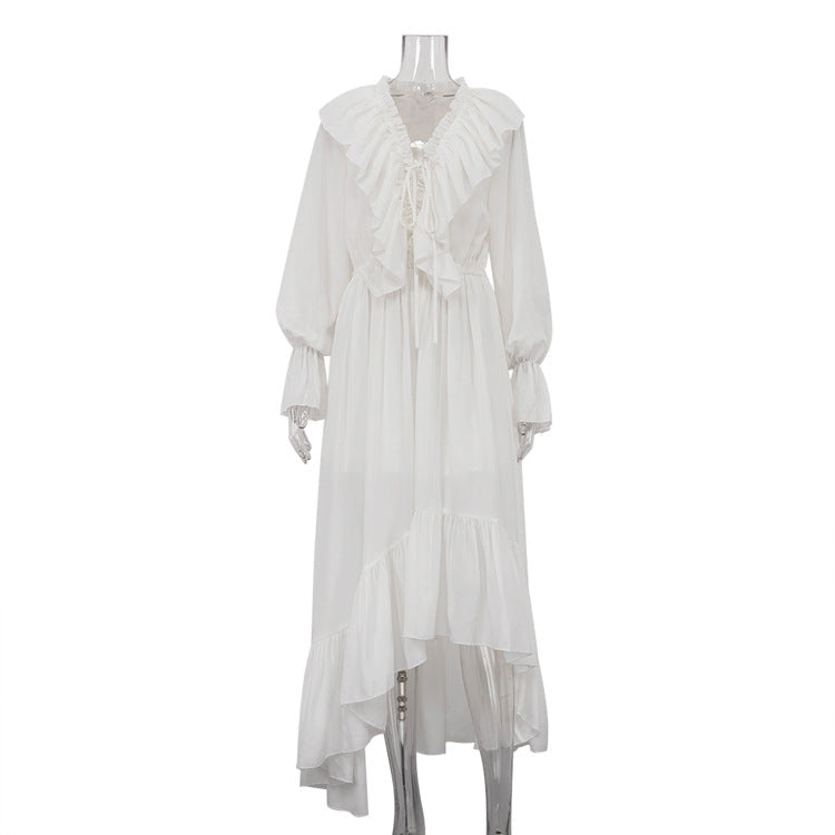 V Neck Ruffled Sleeve Asymmetrical White Chiffon Maxi Dress