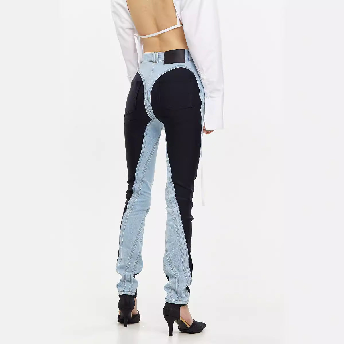 High-Waisted Slim Fit Denim Jeans Color-Block Street Style