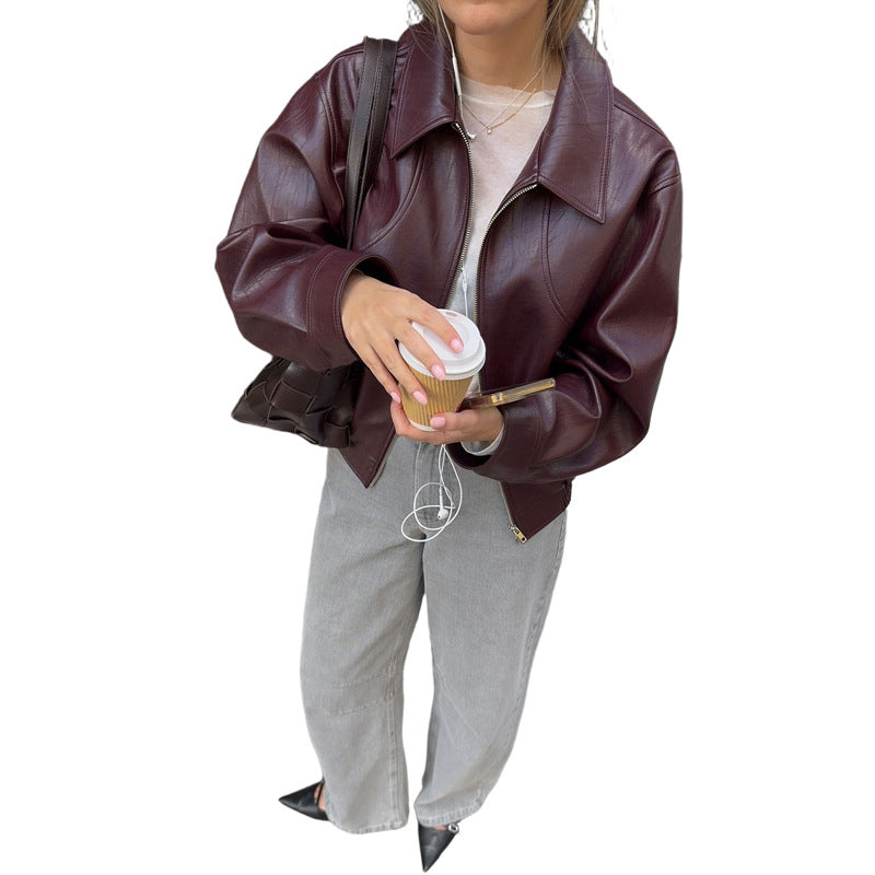 Burgundy Casual Pu Faux Leather Long Sleeve Jacket