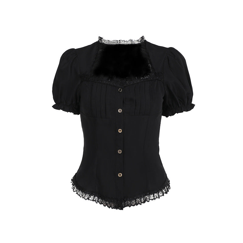 Vintage Lace Trim Short Sleeve Blouse for Ladies
