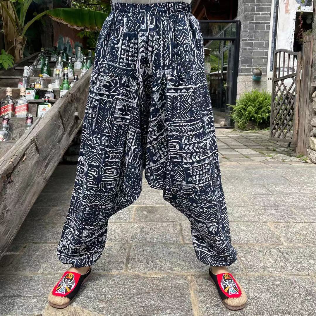 Ethnic Style Summer Men'S And Women'S Same Large Crotch Pants Cotton And Linen Printed Casual Lantern Trousers