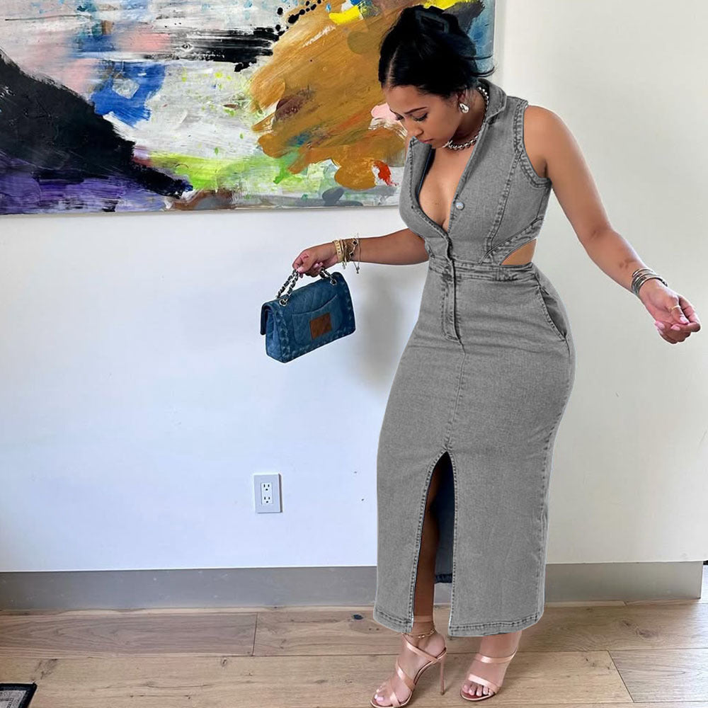 Trendy Sleeveless Denim Dress With Lapel Collar