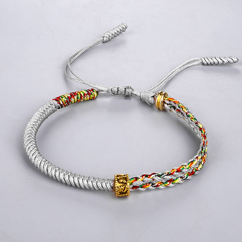 Tibetan Style Bracelet Hand-Woven Diamond Knot Red Rope Bracelet Six-Character Mantra Copper Pearl Red Bracelet